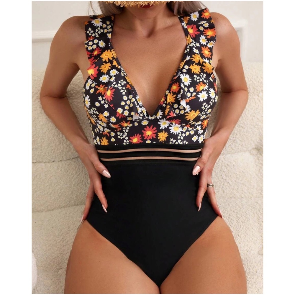Boho Floral Print Ruffle Criss Cross Monokini One Piece Swim - Picture 2 of 9